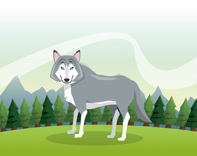 Wolf Cartoon Uber Landschaft Hintergrund Premium Vektor