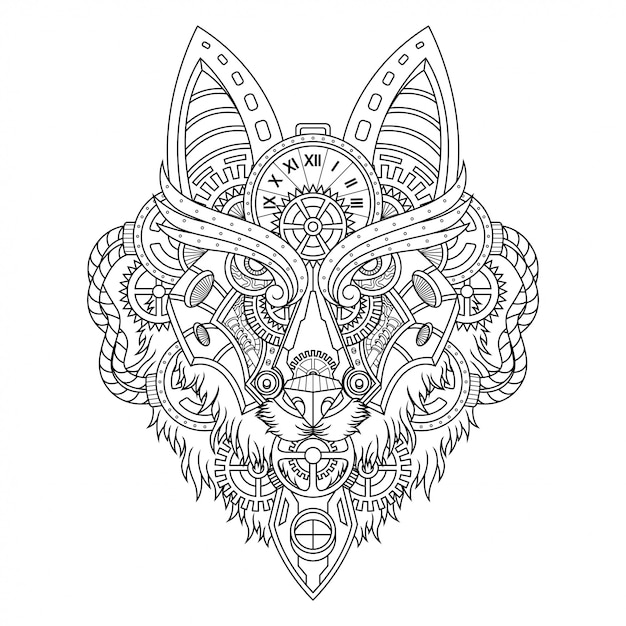 Wolf steampunk illustration linear style | Premium-Vektor