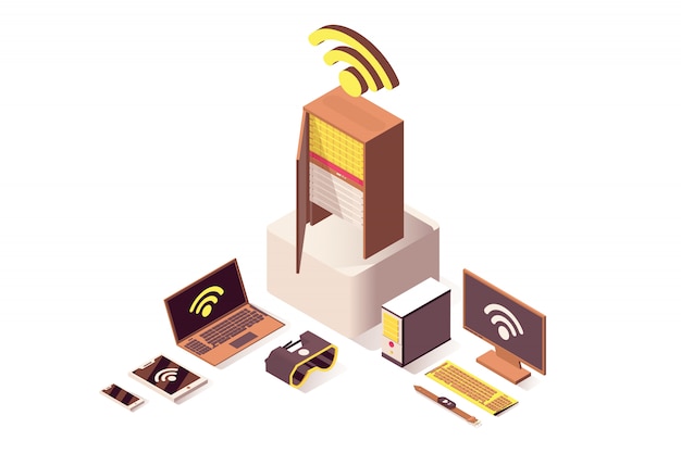 Wolke, die isometrisches wifi-drahtloses netzwerk, datenbankspeicher lokalisiertes 3d berechnet Premium Vektoren