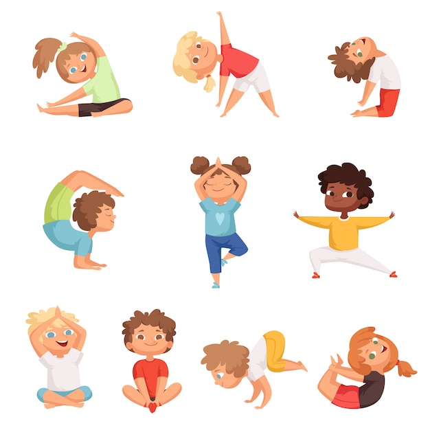 Yoga Kinder Charaktere Fitness Sport Kinder Posieren Und Machen Gymnastik Yoga Ubungen Vektor Illustrationen Premium Vektor