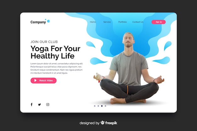 Yoga landing page mit foto und flüssigen formen Kostenlosen Vektoren