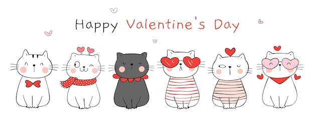 Zeichnen Sie Die Gluckliche Liebe Der Niedlichen Katze Zum Valentinstag Premium Vektor