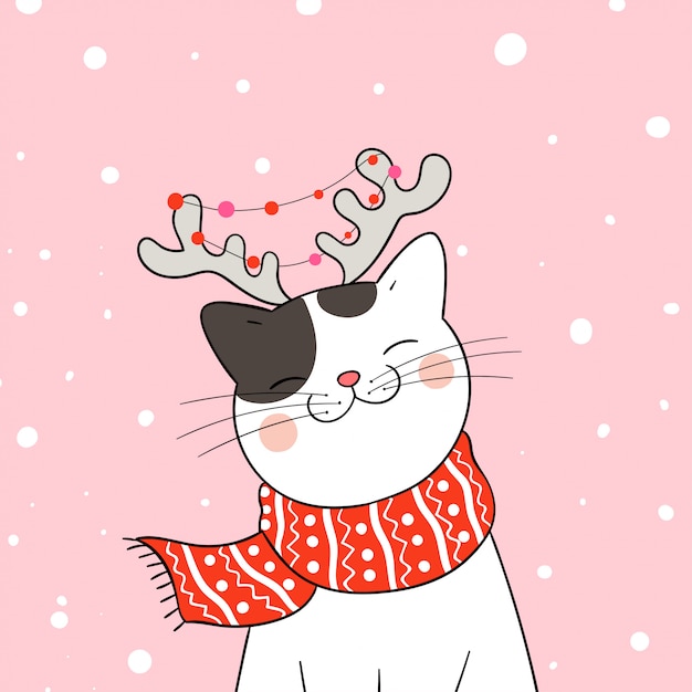Zeichnen Sie Katze Mit Rotem Schal Im Schnee Fur Weihnachten Und Neues Jahr Premium Vektor