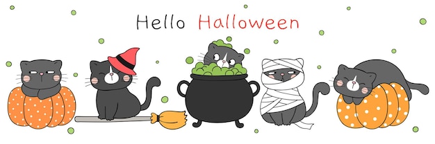 Zeichnen sie süße katze im halloween-tag-doodle-cartoon-stil | Premium