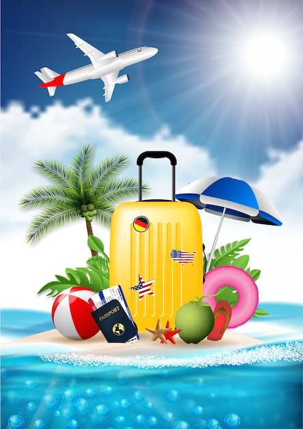 Zeit, realistisches designvektor-illustrationskonzept der sommerstrandurlaub-ferien zu reisen. gepäck koffer, tickets zeichen, insel ist umgeben, meer, strand, sonnenschirm Premium Vektoren