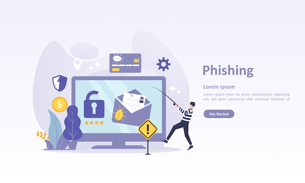 Zielseitenvorlage der internet-sicherheit mit charakter Premium Vektoren