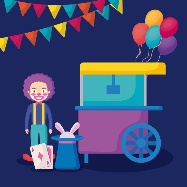 Zirkusclown mit popcornwagen Premium Vektoren