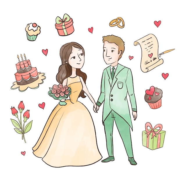 Zoom Cartoon Hochzeitspaar Kostenlose Vektor