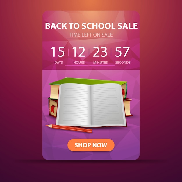 Zurück in die schule, web-banner mit countdown bis zum ende des verkaufs mit schulbüchern Premium Vektoren