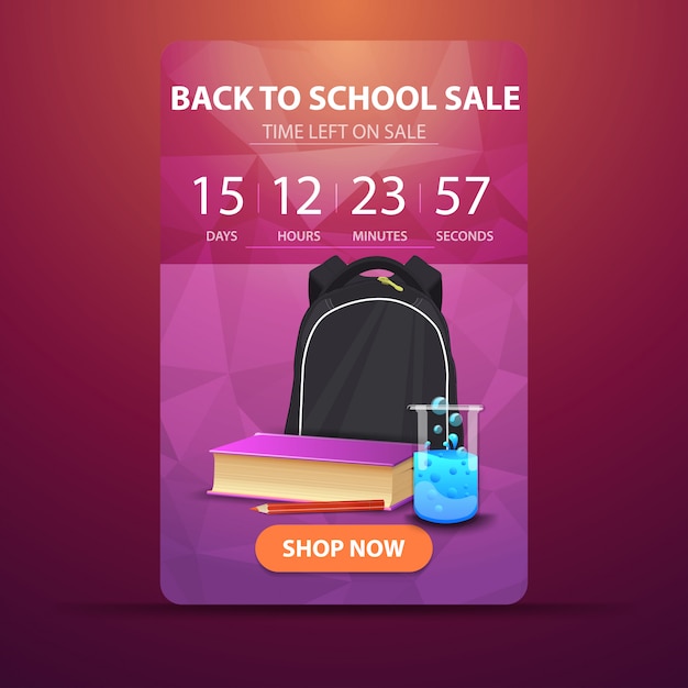 Zurück in die schule, web-banner mit countdown bis zum ende des verkaufs mit schulrucksack Premium Vektoren