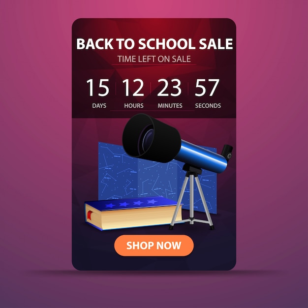 Zurück in die schule, web-banner mit countdown bis zum ende des verkaufs mit teleskop Premium Vektoren