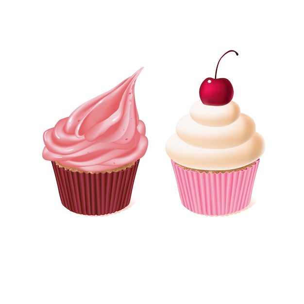 Zwei cupcakes, leckere kuchen, süßes gebäck. köstliche hausgemachte süßwaren mit sahne Kostenlosen Vektoren