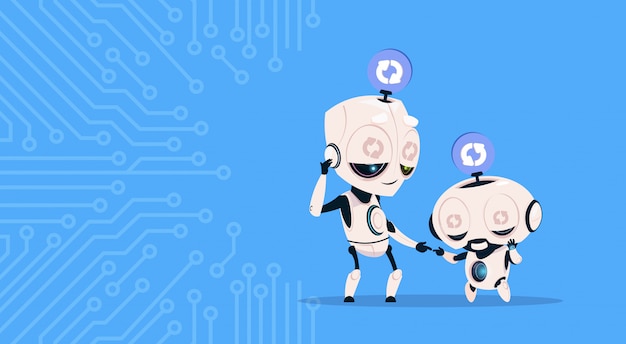 Zwei nette roboter, die das aktualisieren der systemprogrammierungssoftware über stromkreis-hintergrund schlafen Premium Vektoren