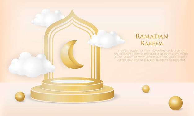 3d Podium Ramadan Kareem Ilustração Eid Mubarak E Papel De Parede De Fundo De Nuvem Vetor Premium 4120