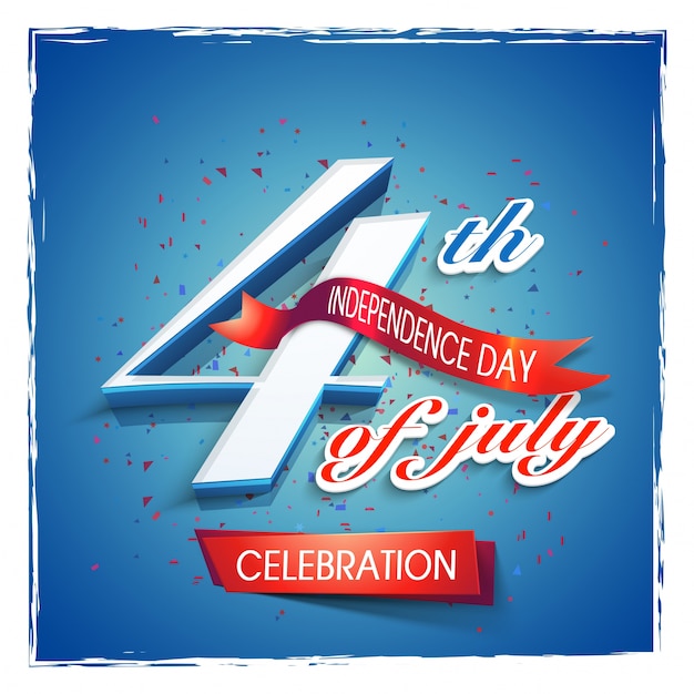 4 de julho de texto com fita vermelha em fundo azul brilhante. cartaz criativo, design de banner ou flyer para o dia da independência dos eua. Vetor grátis