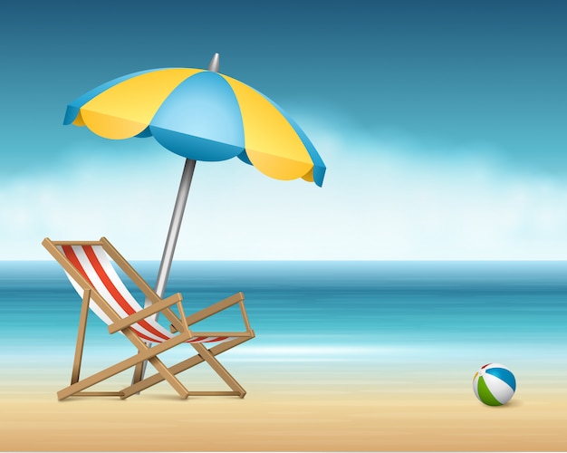 A cadeira e o guarda-chuva da espreguiçadeira do verão na praia vector a ilustração. Vetor Premium