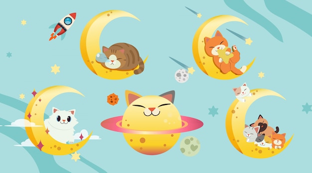 A coleção de gato com o conjunto de lua. o planeta gato feliz Vetor Premium