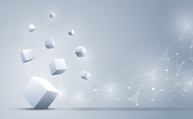 A conexão de cubos 3d com abstrato geométrico poligonal com pontos e linhas de conexão. abstrato. blockchain e conceito de big data. ilustração. Vetor Premium