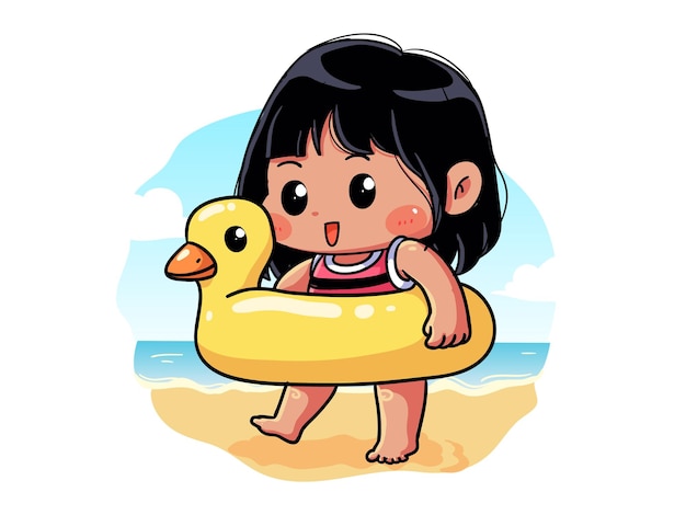 A Garota Fofa E Kawaii Do Verao Esta Feliz E Anda Com Sua Boia De Pato Chibi Vetor Premium