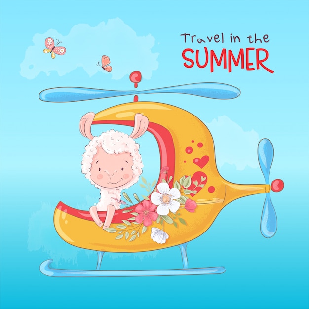 A ilustração de uma cópia para a sala das crianças veste o lama bonito pelo helicóptero com flores. Vetor Premium