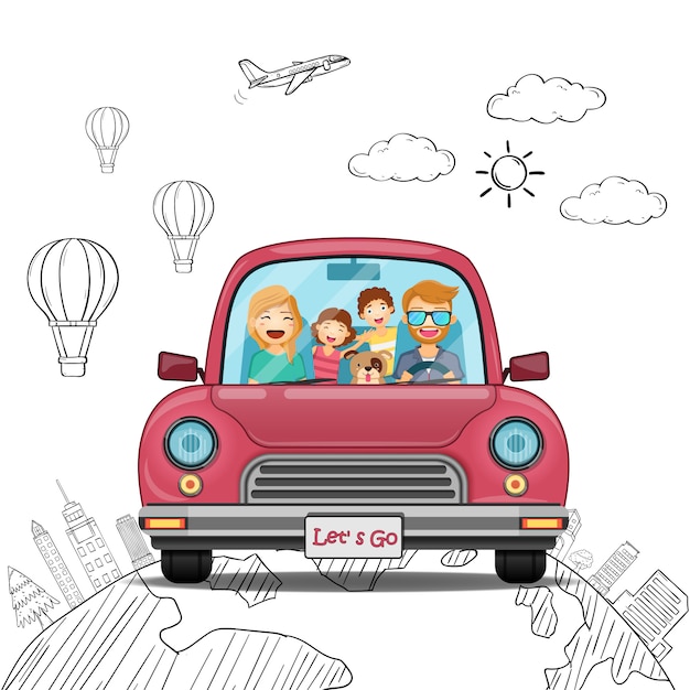 A menina do menino da mulher do homem do carro da tração da mão da garatuja e o viajante dos desenhos animados da família com fumo e o ativo viajam em todo o mundo o conceito. Vetor Premium