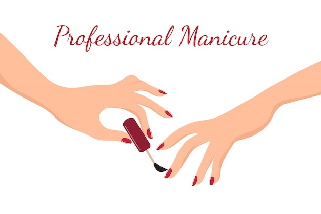 A moça entrega fazer o tratamento de mãos com verniz para as unhas vermelho. beleza, cuidados com o corpo e conceito de vetor de salão de beleza Vetor Premium