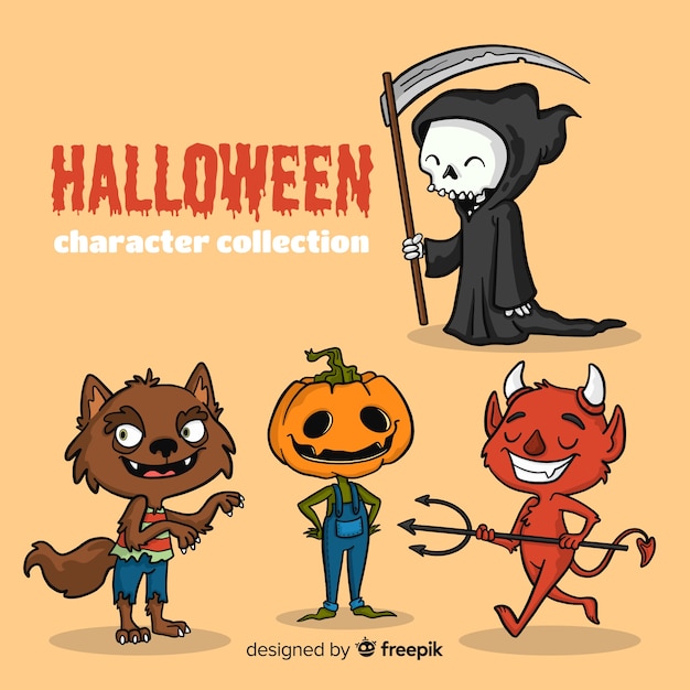 Adorável, mão, desenhado, halloween, personagem, cobrança Vetor grátis