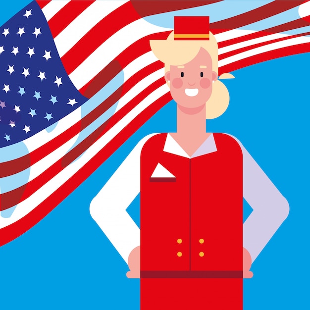 Aeromoça de mulher com bandeira eua Vetor Premium