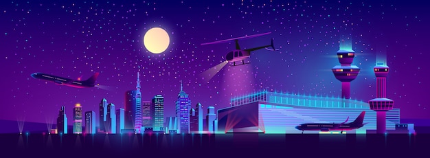 Aeroporto de noite de vetor com avião e helicóptero Vetor grátis