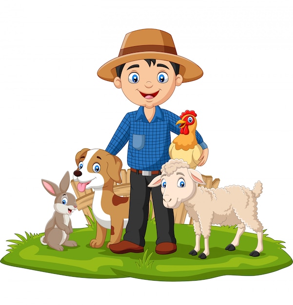 Agricultor com animais de fazenda na grama | Vetor Premium