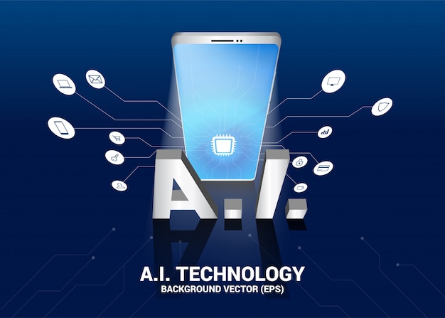 Ai texto e telefone móvel 3d com gráfico de linha de circuito. conceito de telecomunicação móvel com aprendizado de máquina. inteligência artificial Vetor Premium