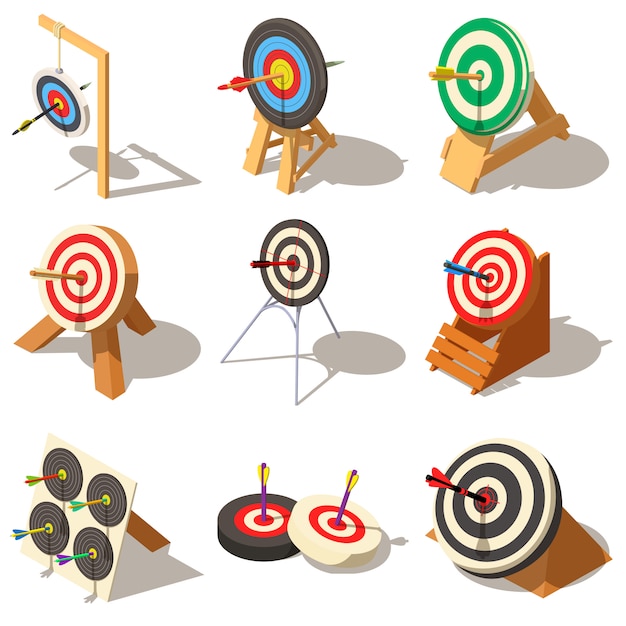 Alvo com conjunto de ícones de seta. ilustração isométrica de 9 alvo com ícones de vetor de logotipo de seta para web Vetor Premium