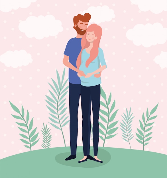 Amantes bonitos casal personagens de gravidez na paisagem Vetor grátis