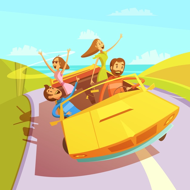 Amigos, viajando, em, um, cabriolet, para, a, mar, fundo, com, homens mulheres Vetor grátis
