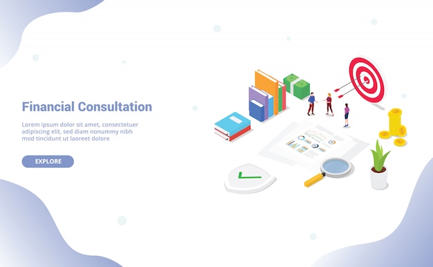 Análise de relatório de consulta financeira isométrica com pessoas da equipe e documento para o modelo de site ou página inicial de destino Vetor Premium