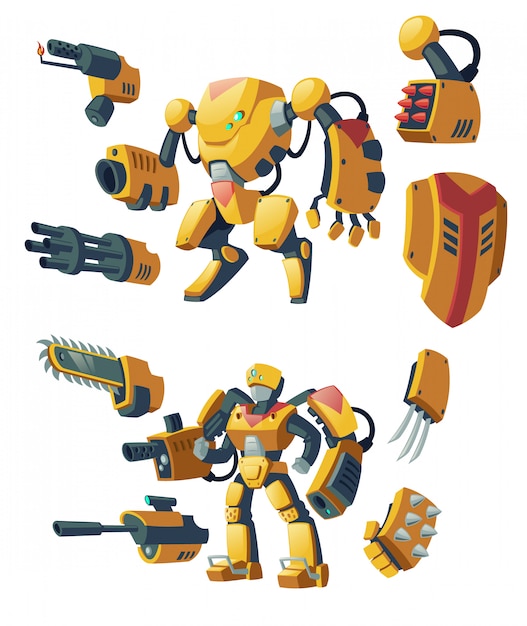 Andróides de desenhos animados, soldados humanos em exoesqueletos robóticos de combate com armas Vetor grátis