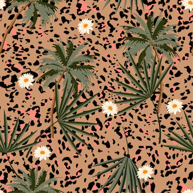 Animal sem costura imprime padrão com plantas tropicais e estampas de leopardo. Vetor Premium