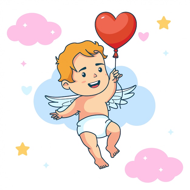 Anjo Bonito Bebe Anjo Segurar Amor Balao Vetor Premium