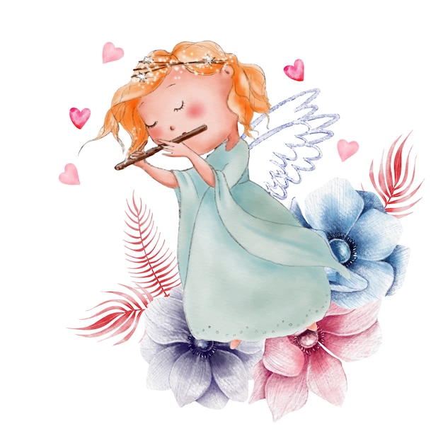 Anjo em aquarela bonito dos desenhos animados para dia dos namorados Vetor Premium