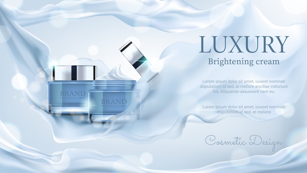 Anúncios de cosméticos de luxo, recipiente requintado com cetim azul sobre fundo de bokeh Vetor Premium