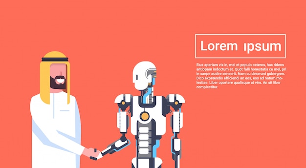 Aperto de mão homem e robô, empresário árabe, agitando as mãos com modelo moderno de conceito de modelo de conceito de inteligência artificial, robótica Vetor Premium