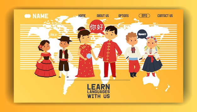 Aprendendo idiomas conhecimento de pessoas on-line estudando ilustrações de landing pages. Vetor Premium