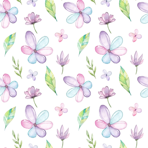 Aquarela sem costura padrão com flores e folhas Vetor Premium