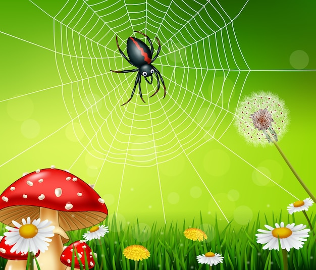 Aranha dos desenhos animados com fundo de natureza | Vetor Premium