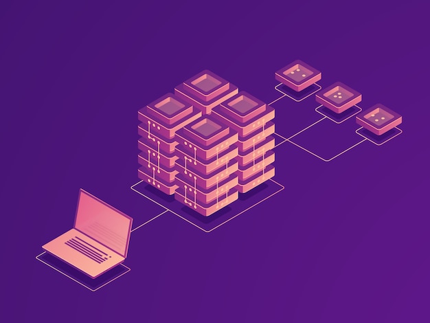 Armazenamento de dados em nuvem, roteamento de tráfego da internet, sala de servidores, fluxo de dados do laptop, upload de dados no remot Vetor grátis