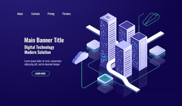 Armazenamento em nuvem, ícone isométrico de grande cidade urbana, banco de dados de sala de servidores, data center, rack de servidor Vetor grátis