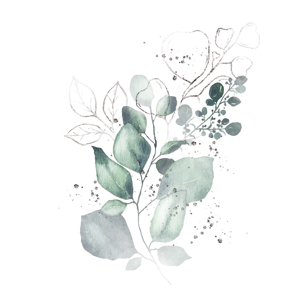 Arranjo em aquarela com buquê de ervas de prata de folhas verdes isolado Vetor grátis