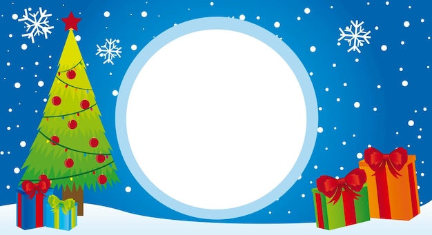 Árvore e presentes de natal com vetor de cartão de publicidade de espaço Vetor Premium