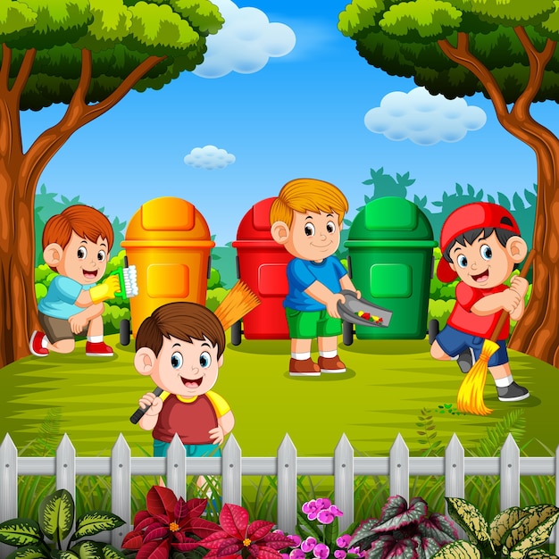 As crianças limpam o jardim e jogam o lixo em uma lixeira nas três cores Vetor Premium