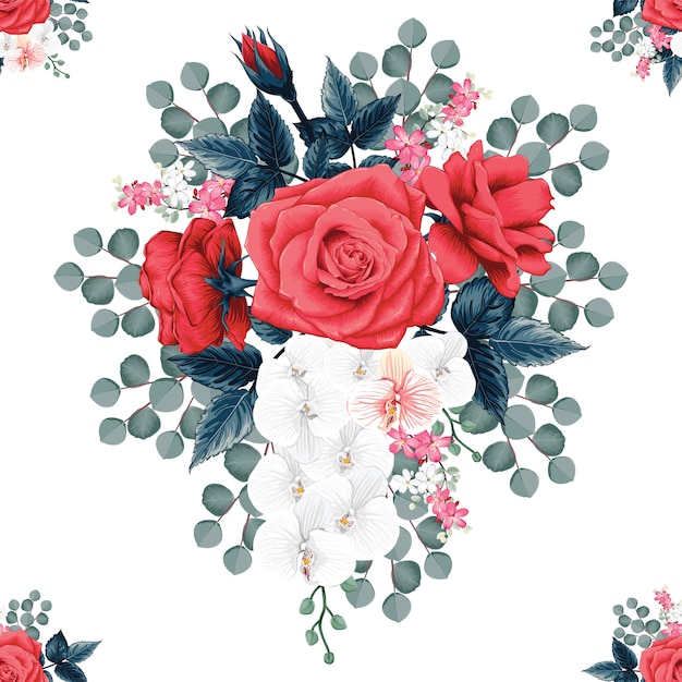 As flores vermelhas bonitas de rosa e de orquídea vermelhas botânicas do teste padrão sem emenda isolaram o fundo branco. Vetor Premium